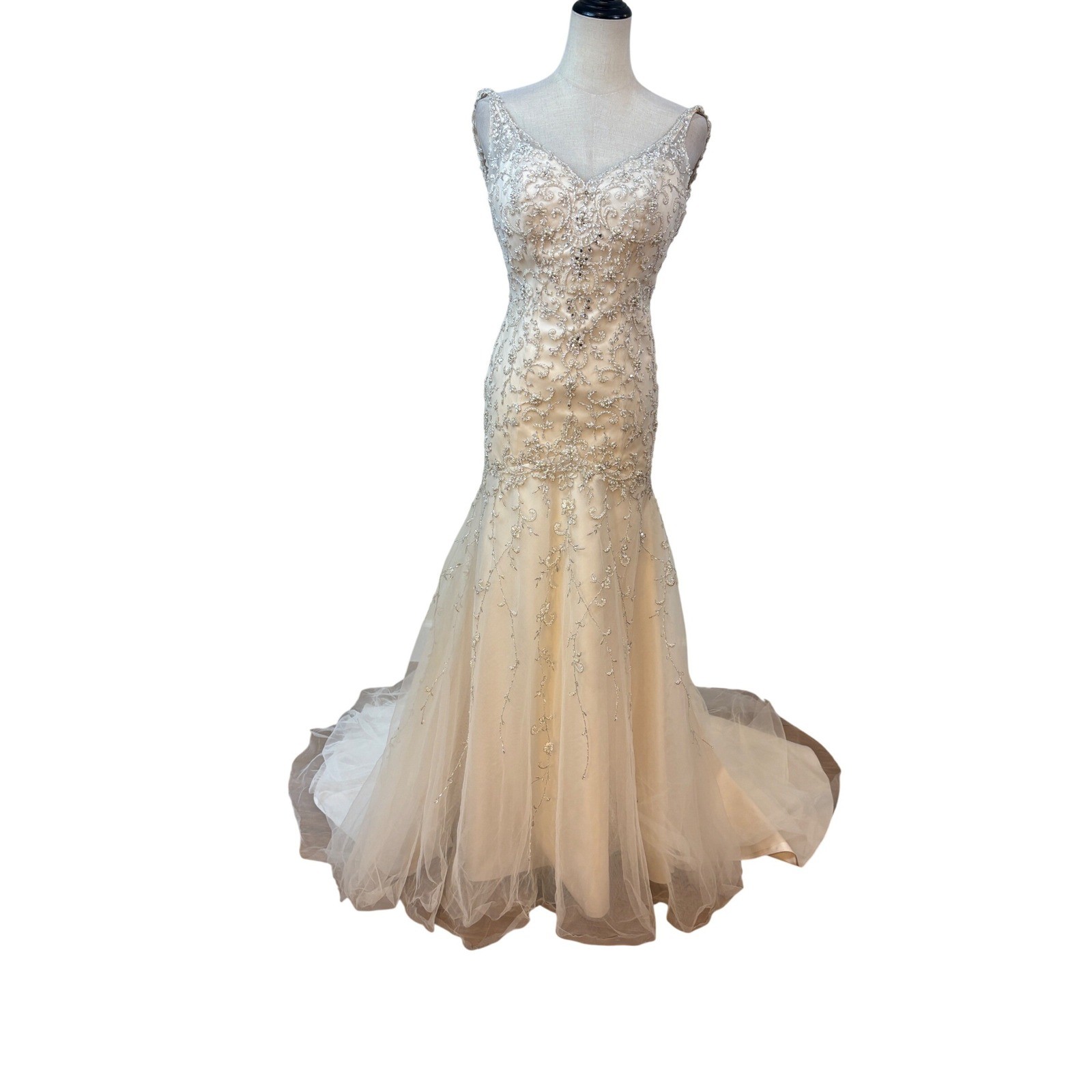 Stella York Wedding Gown 10 Champagne Mermaid Beaded Open Back train drop waist