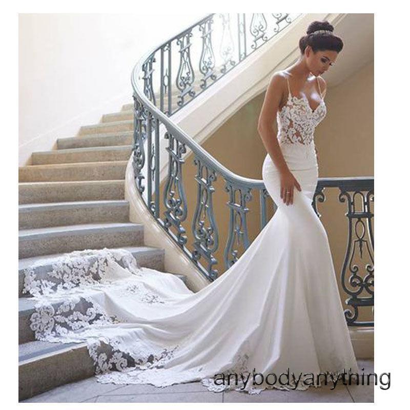 Spaghetti Strap Wedding Dresses Mermaid Train Bridal Gown Lace Satin White Ivory