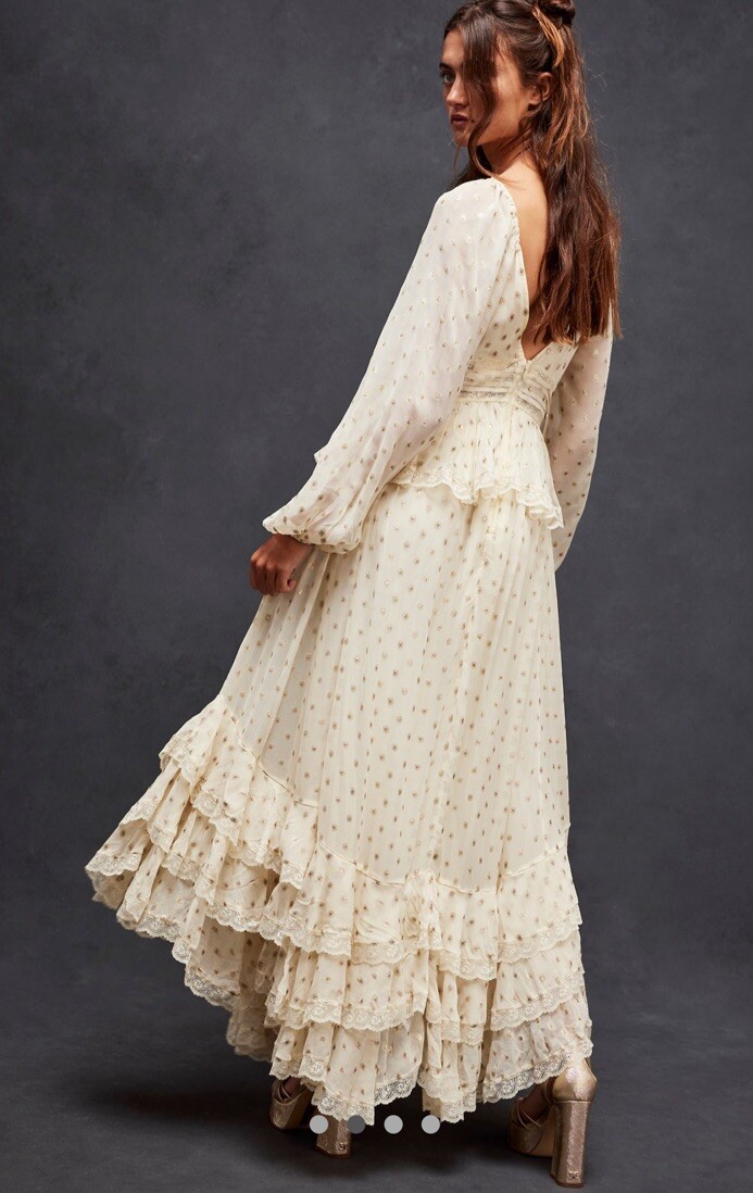 Free People Rococo Sand Long Sleeved Dress Ruffle Lace Trim Metallic Ivory S NWT