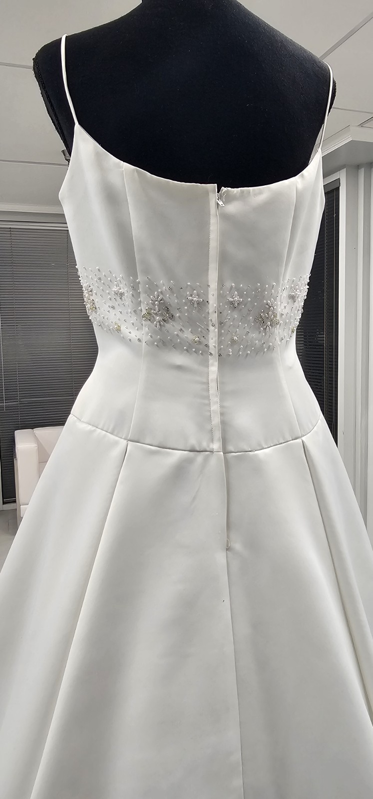 I-611 White Satin, Low Scoop Neckline, Box Pleats Floor Length Wedding Dress