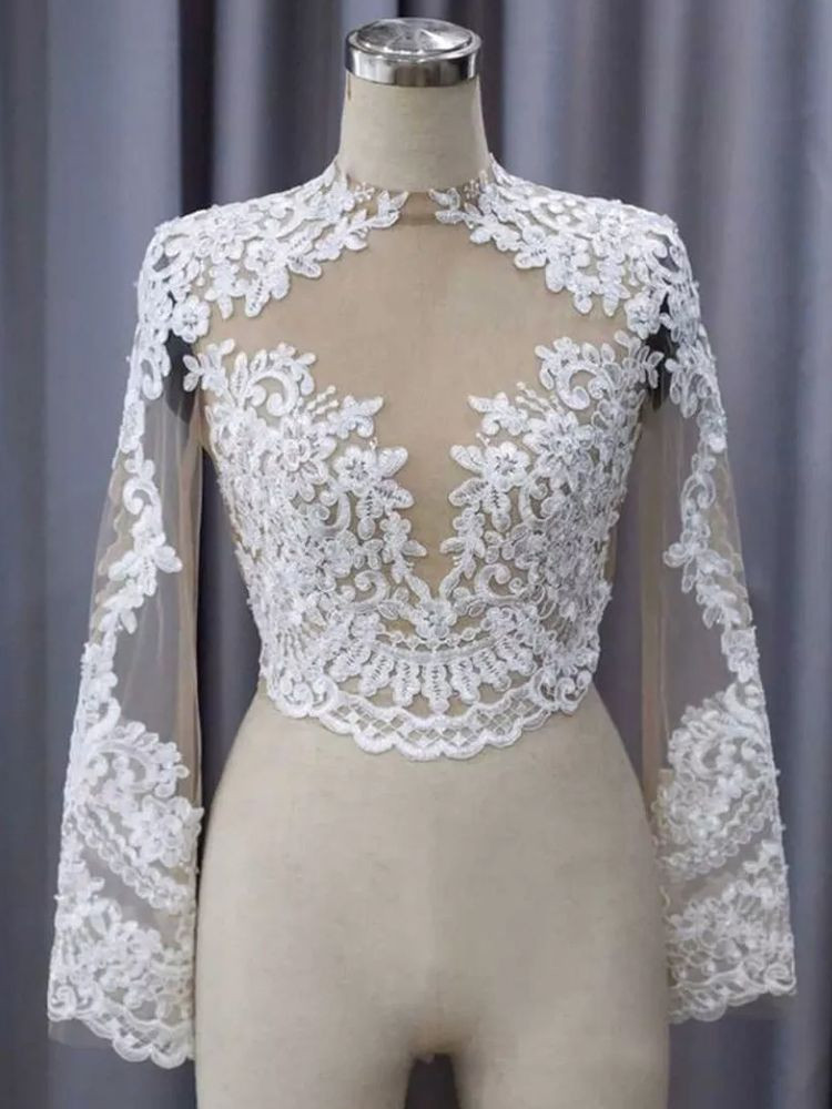 Lace Appliques Wedding Jacket Long Sleeves Bride Bridal Shrugs Wraps High Neck