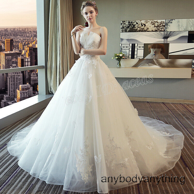 Long Tail Brides Wedding Dress White Off Shoulder Lace Ball Gown Princess Dress