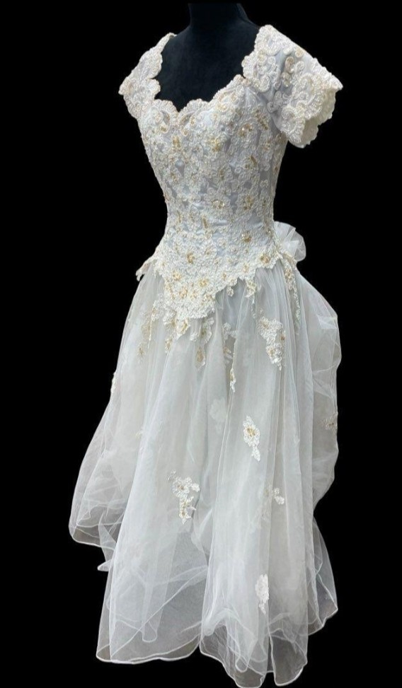 Princess Ball Gown Wedding Dress Sz 16 Faux Pearl Lace Applique Off Shoulder D30