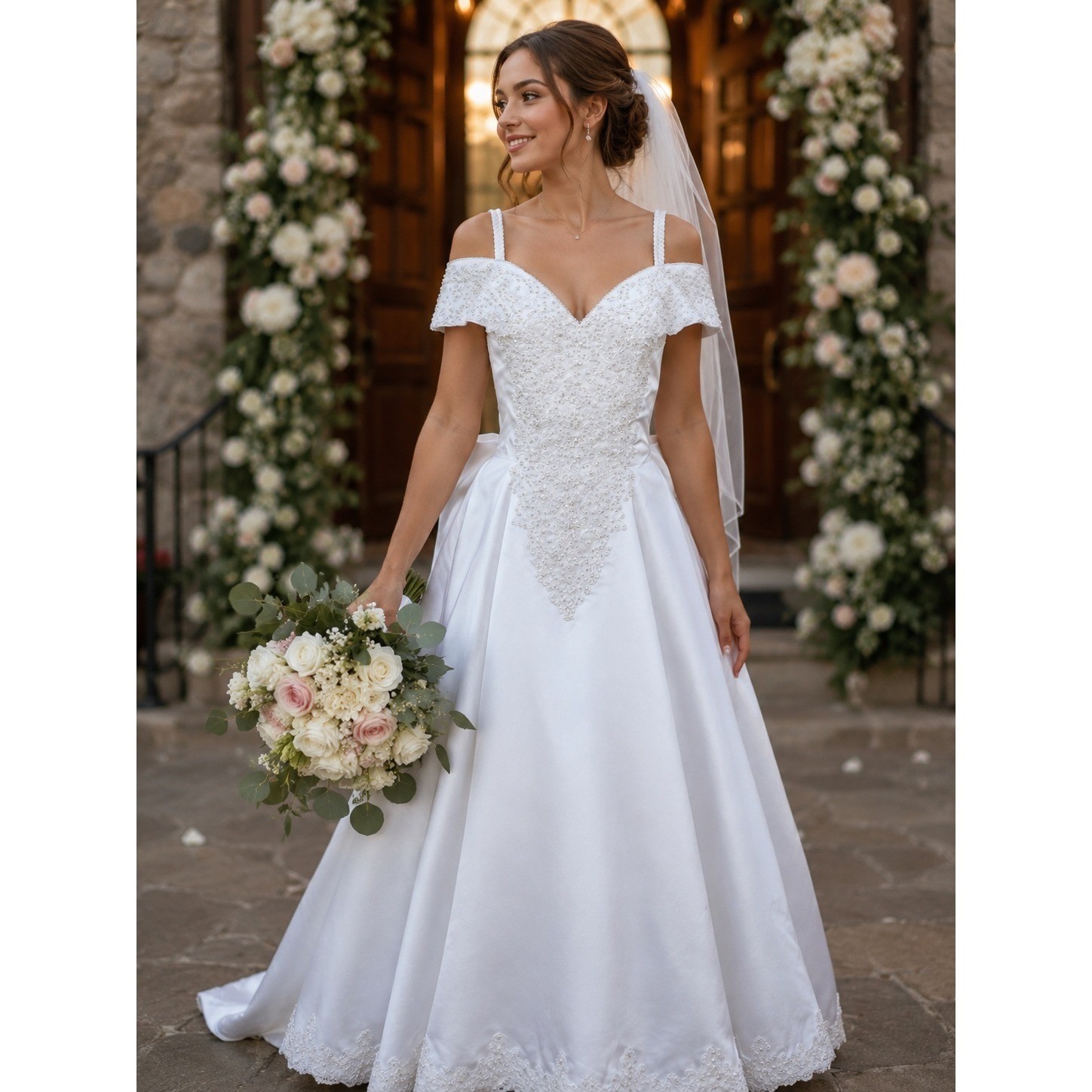 Vintage Mori Lee White Beaded Bow Wedding Dress Size 12 Off The Shoulder V Neck