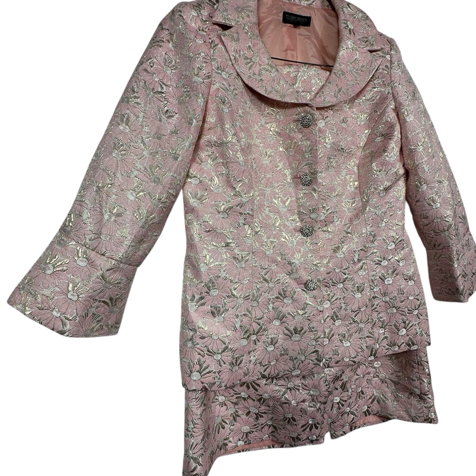 John Mayer Women’s 2pc Suit pink Silver white Rhinestone Buttons Size 12