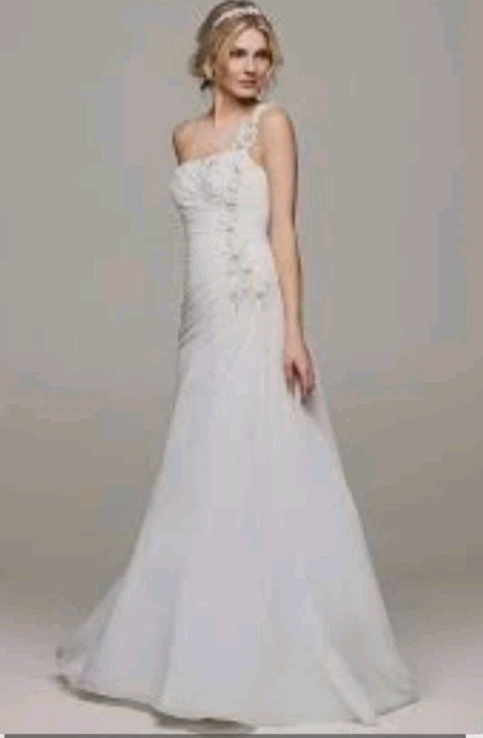 David’s Bridal Wedding Dress Sz 6 One Shoulder Ruched Draped Chiffon Satin White