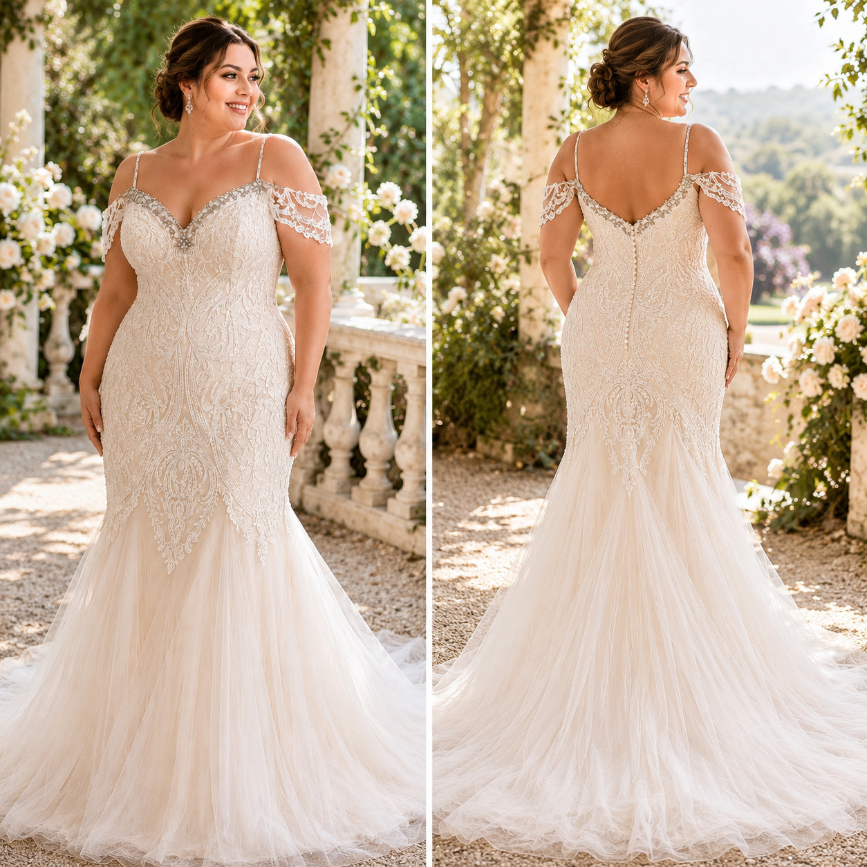 Plus Size Champagne Beaded Lace Mermaid Wedding Dress 3XL 24W-26W Low-Back