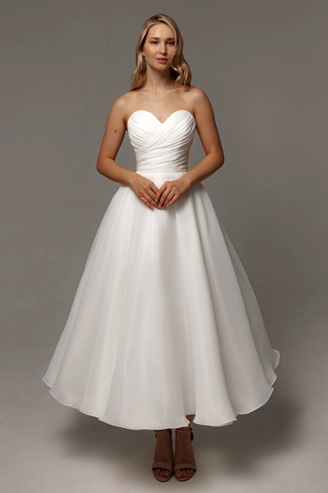 Ruched Short Organza Wedding Dress Civil Service Dress Off Shoulder Plain 32-60