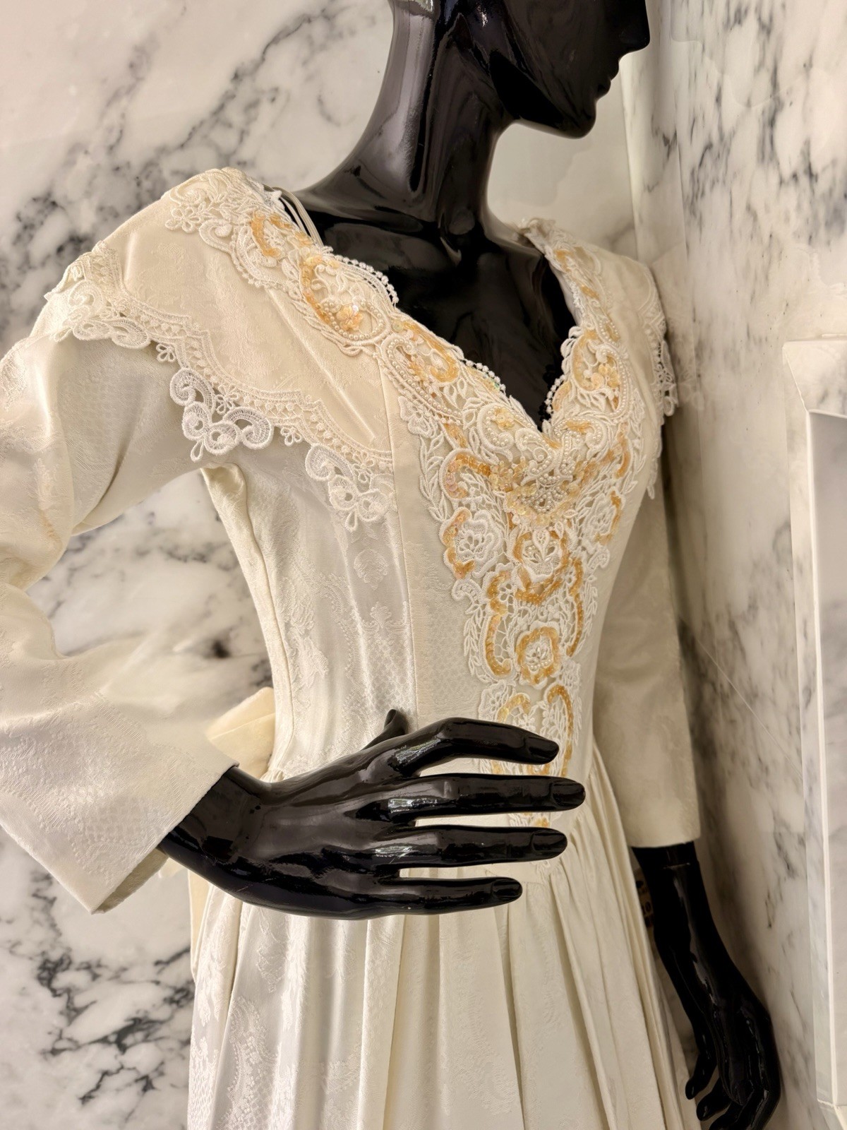 VTG Jessica McClintock Gunne Sax Ivory Jacquard Beaded Bridal Prairie Maxi Dress