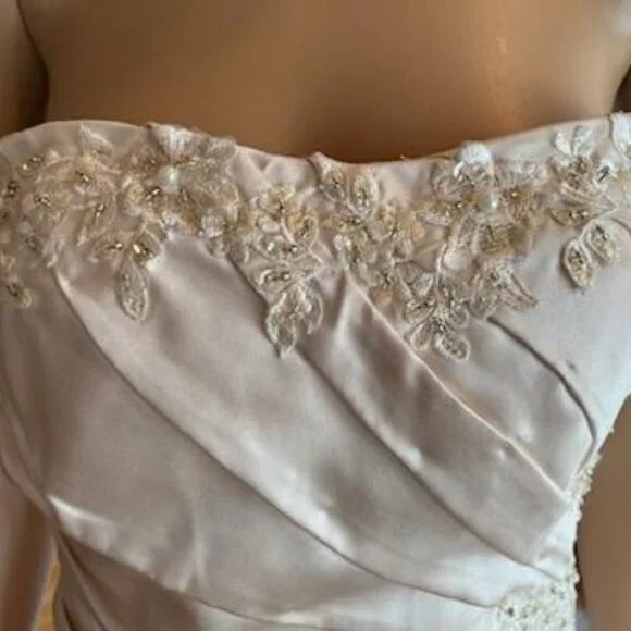 *Champagne Gold Satin Strapless Detachable Mini Wedding Gown Bridal Dress Size 4