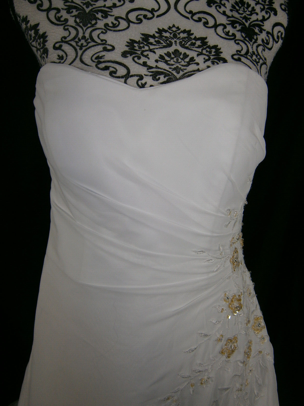 D. Michalik Wedding Dress Off-White Chiffon Strapless Beaded Gold Sequins Train