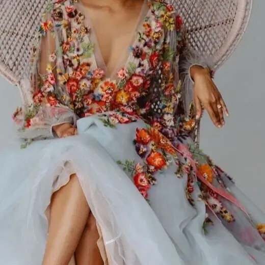 Colorful Wedding Dresses A-line V-Neck Full Sleeves Tulle 3D Flowers Bridal Gown