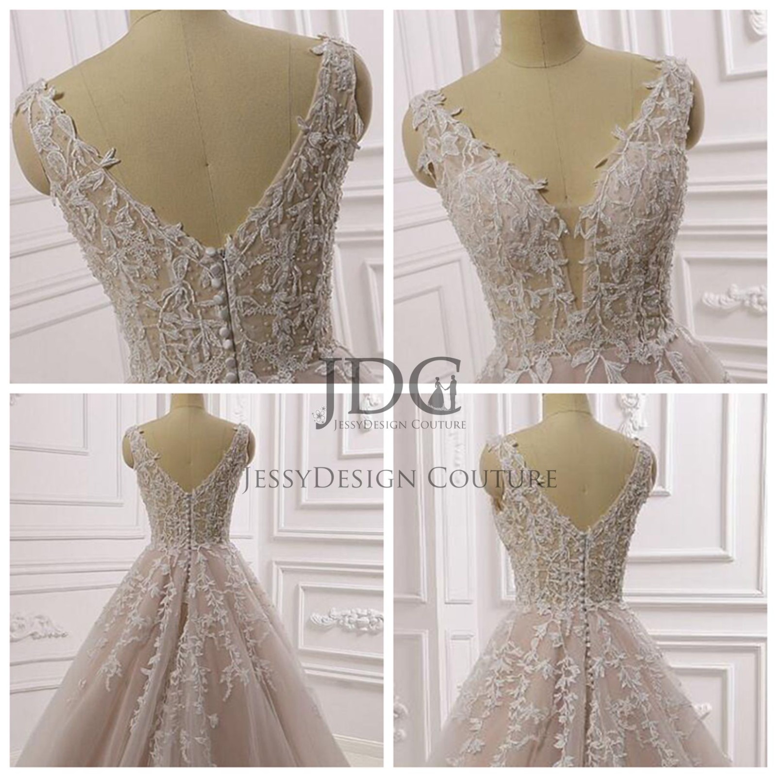 Ivory Pink Lace Wedding Dress Bridal Gown Beaded 32-60 Plus Size Strappy Buttons