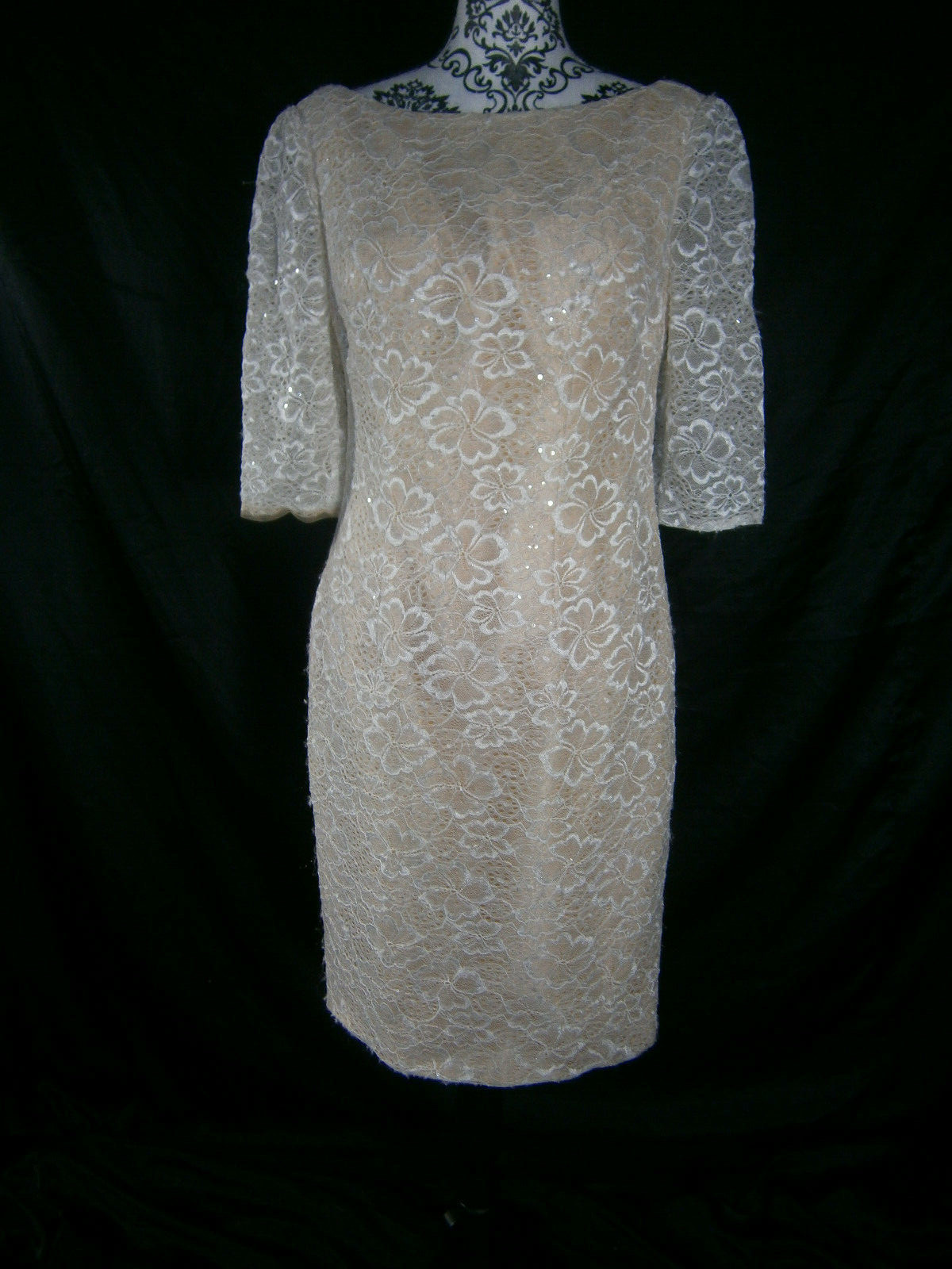 Kathy Ireland 2 Be Short Wedding Dress 12 Ivory Lace Nude Lining Elbow Sleeves