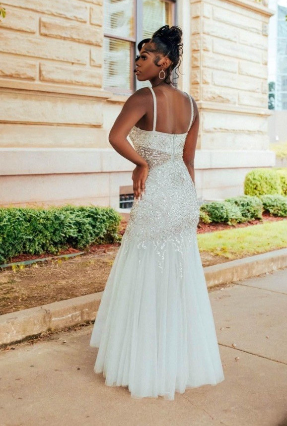 Colors White Beaded Spaghetti Strap Mermaid Tulle Full-Length Wedding Dress