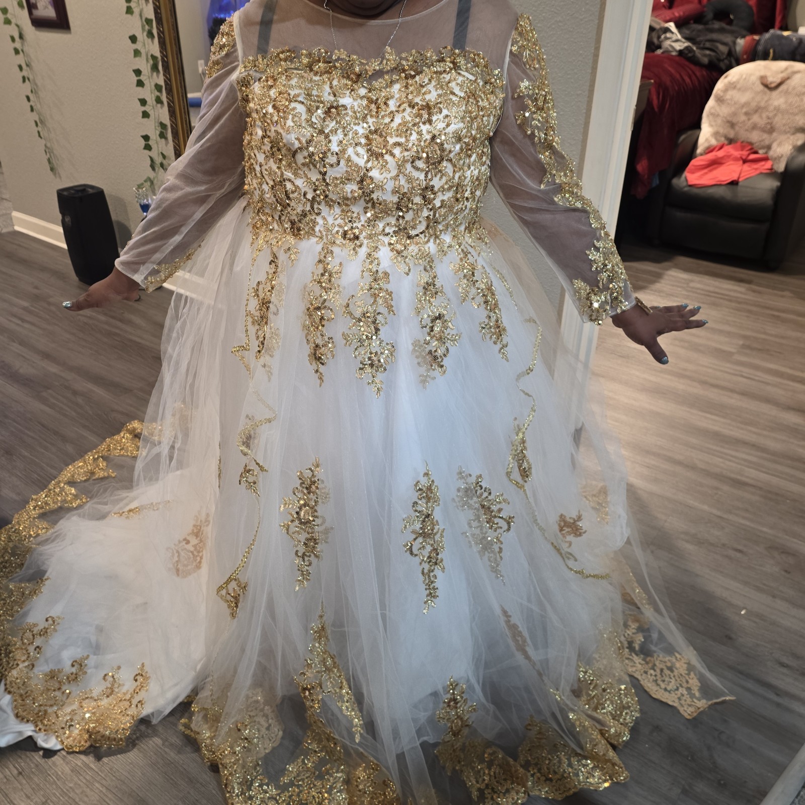 Handmade White/Gold Beaded Embroidered Tulle A-Line Long Sleeve Train Dress