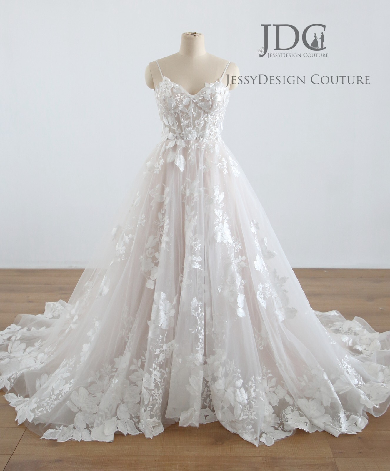 Floral Lace Wedding Dress Ball Gown Custom made 2-28W Plus Glitter Tulle Blush