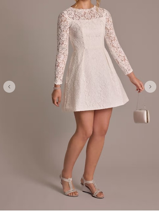 David’s Bridal White Lace Mini Dress Long Sleeve Pleated Wedding Dress Size 4