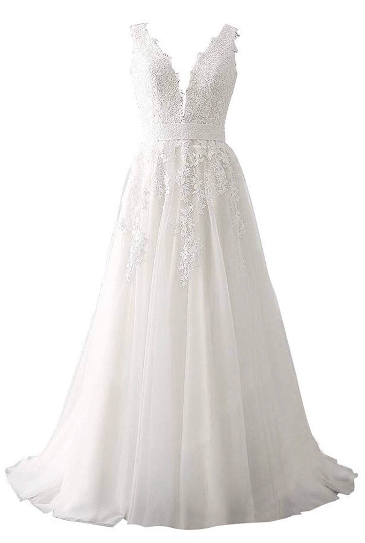White Ivory Lace Appliqué V-Neck Wedding Dress Size 2-26