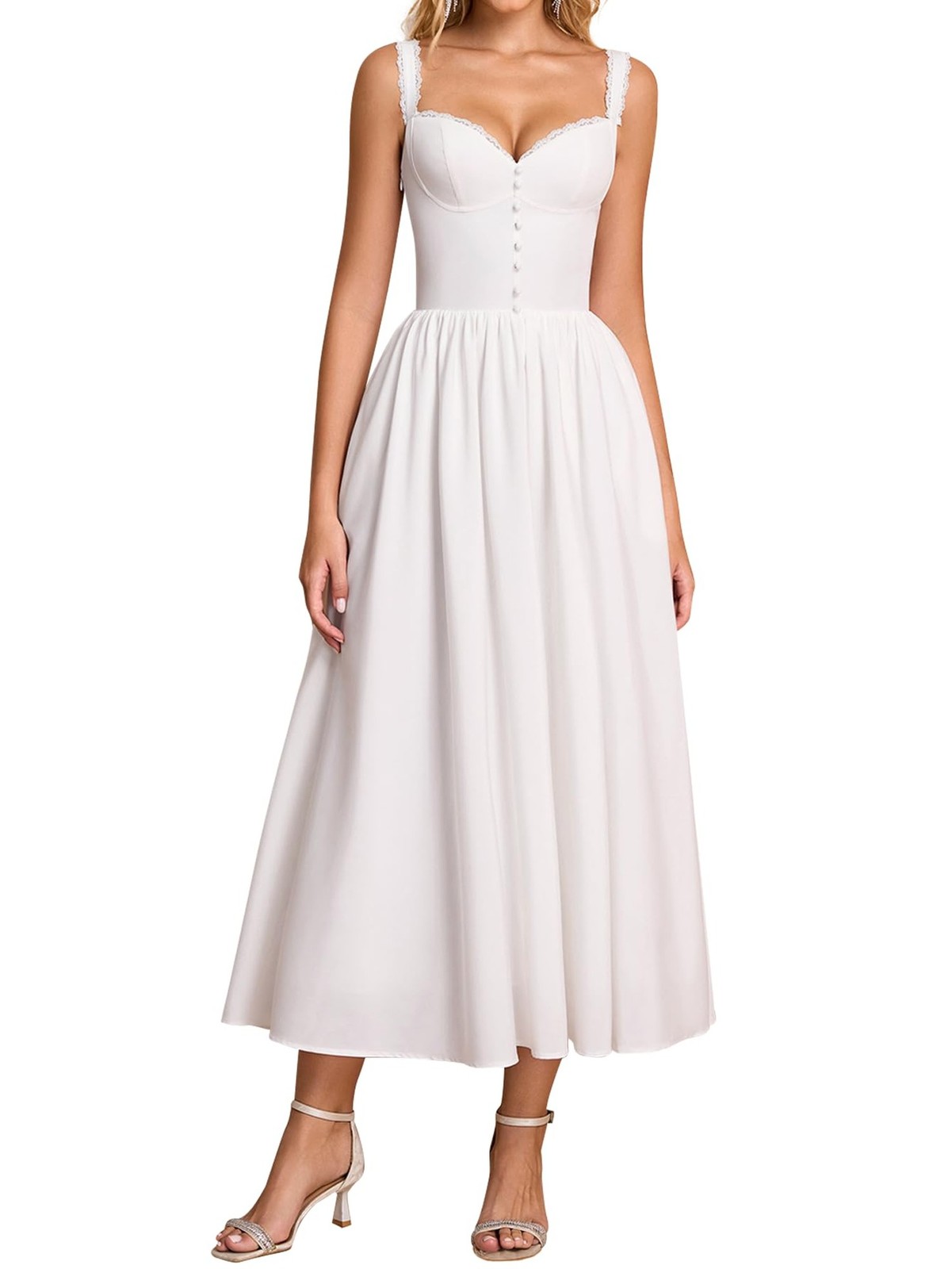 Summer Corset Midi Dress Formal Flowy A Line Lace Spaghetti Strap Wedding Gue…