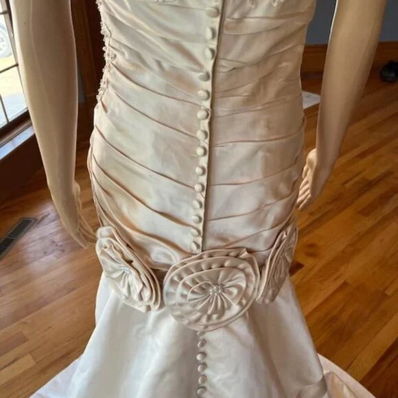 *Champagne Gold Satin Strapless Detachable Mini Wedding Gown Bridal Dress Size 4