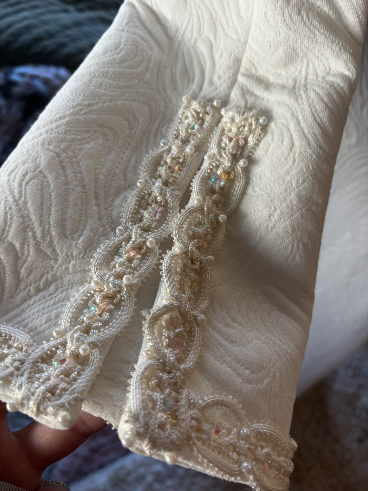Vintage MCM 1960s Ivory Jacquard Wedding Dress bridal beaded Lace bell sleeves