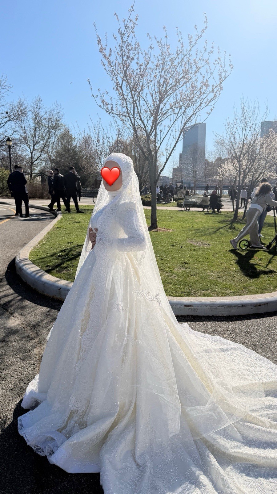 White Lace Embroidered High Neck Long Sleeve Ball Gown Wedding Dress Train