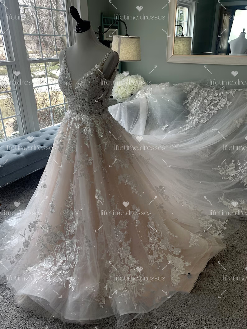 Blush Pink Wedding Dresses A line Elegant Nude V Neck Sweep Train Bridal Gowns