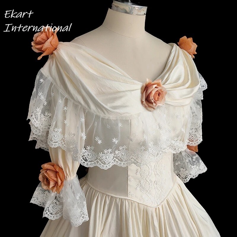 Vintage French white Satin orange rose v neck flower lace short flare sleeve