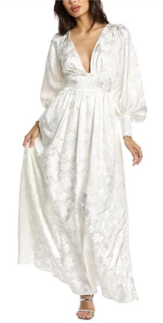 Badgley Mischka Jacquard V-Neck Wedding Maxi Dress Ivory Size 6