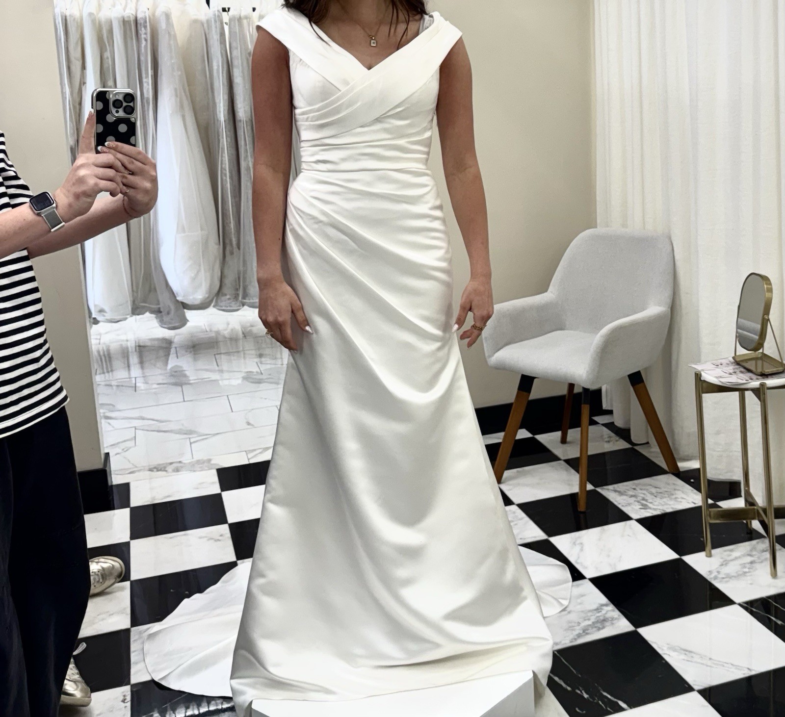 White Satin A-Line Wedding Dress Portrait Off-Shoulder Sleeveless with Train
