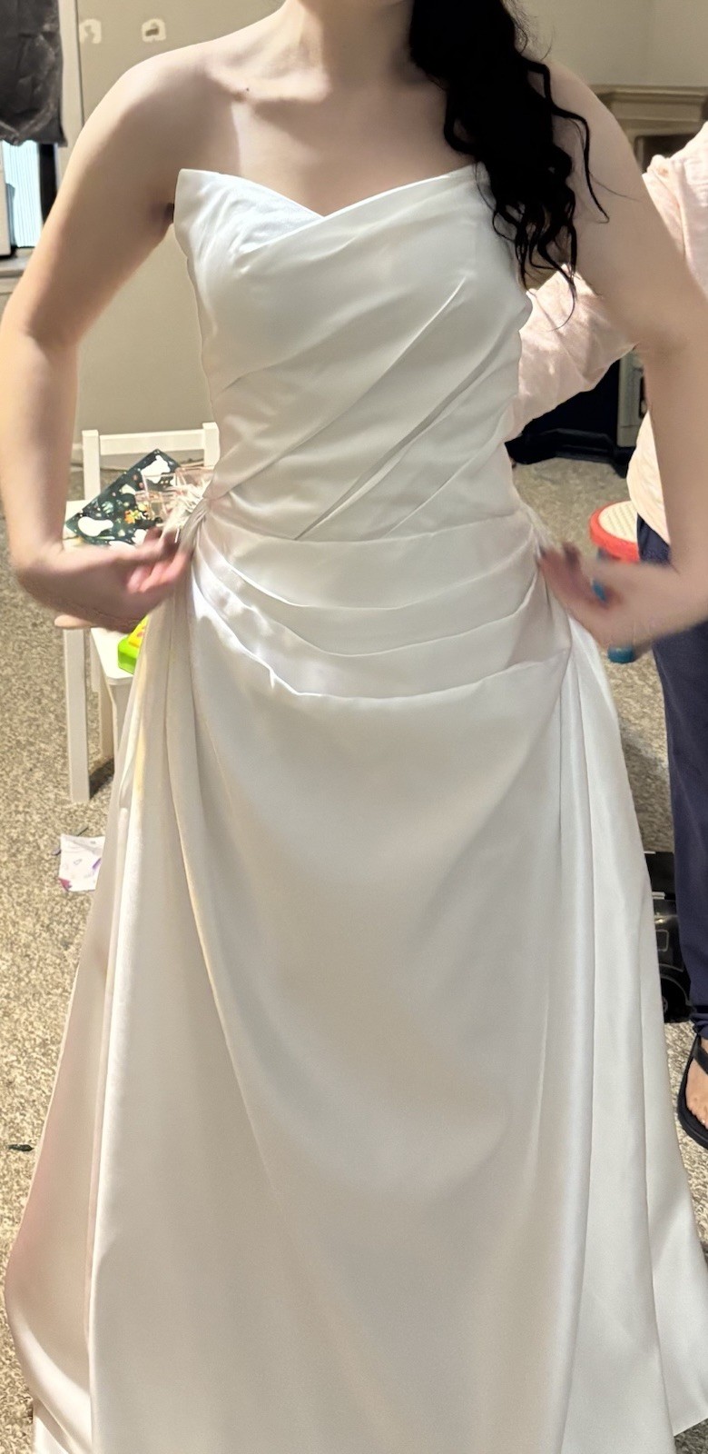 White Strapless Satin A-Line Wedding Dress, Corset Back, Ruching, Full Length