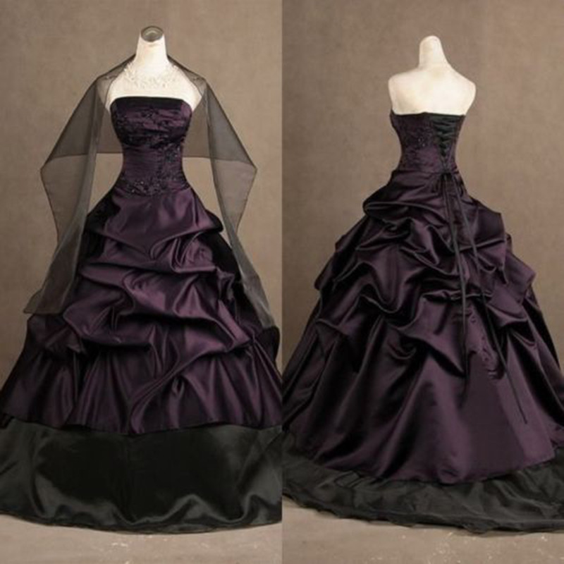 Vintage Victorian Purple Wedding Dresses Off Shoulder A Line Satin Bridal Gowns