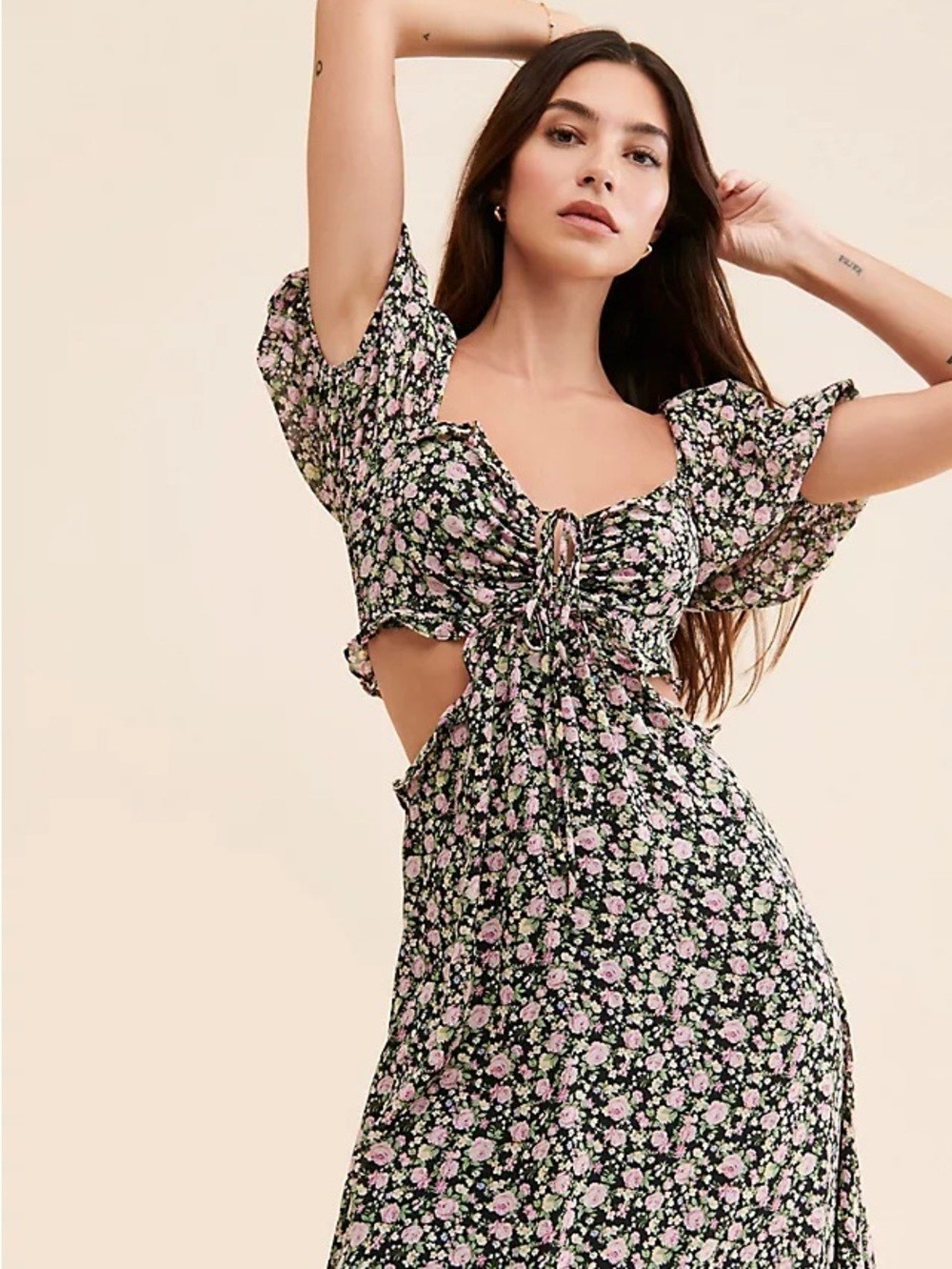 Astr Floral Cutout Midi Dress in Black and Pink