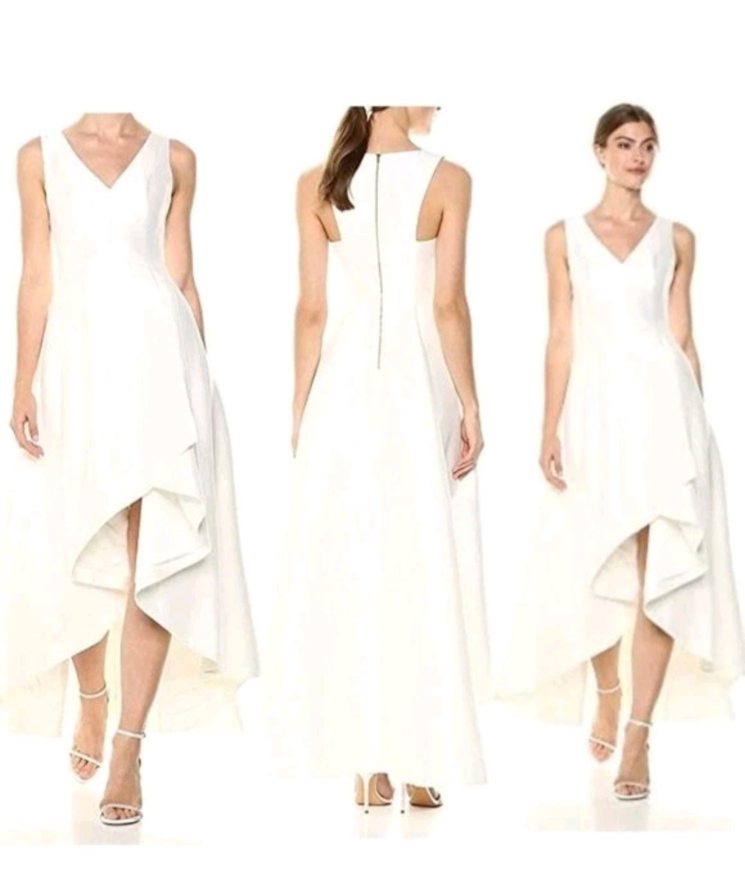 calvin Klein Ivory Sleeveless V-Neck A-Line High-Low Wedding Dress, Zipper Back