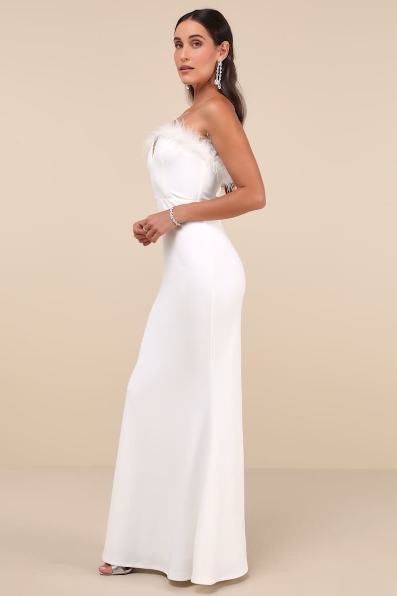 Lulus Extraordinary Glam Maxi Dress Sz S White Feather Strapless Mermaid Wedding