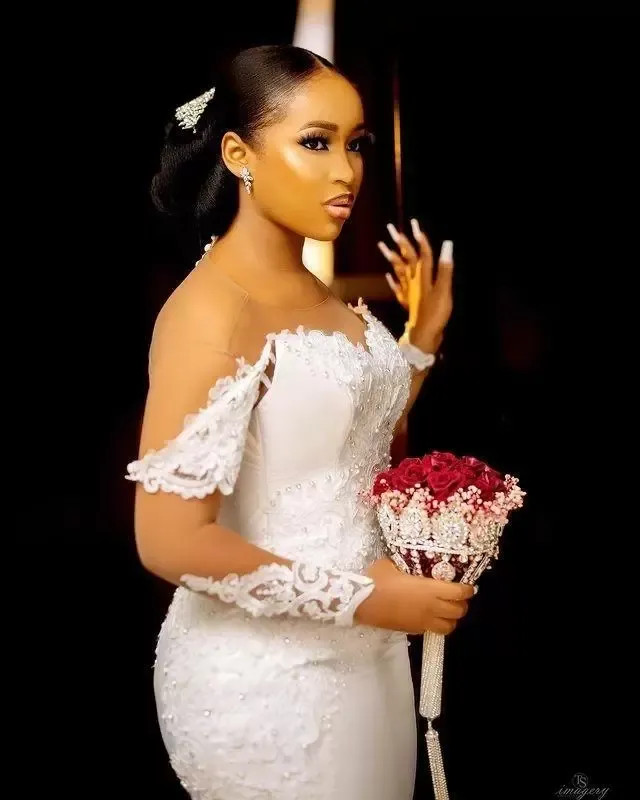 White Mermaid Wedding Dress Off Shoulder Lace Long Sleeves Backless Bridal Gown