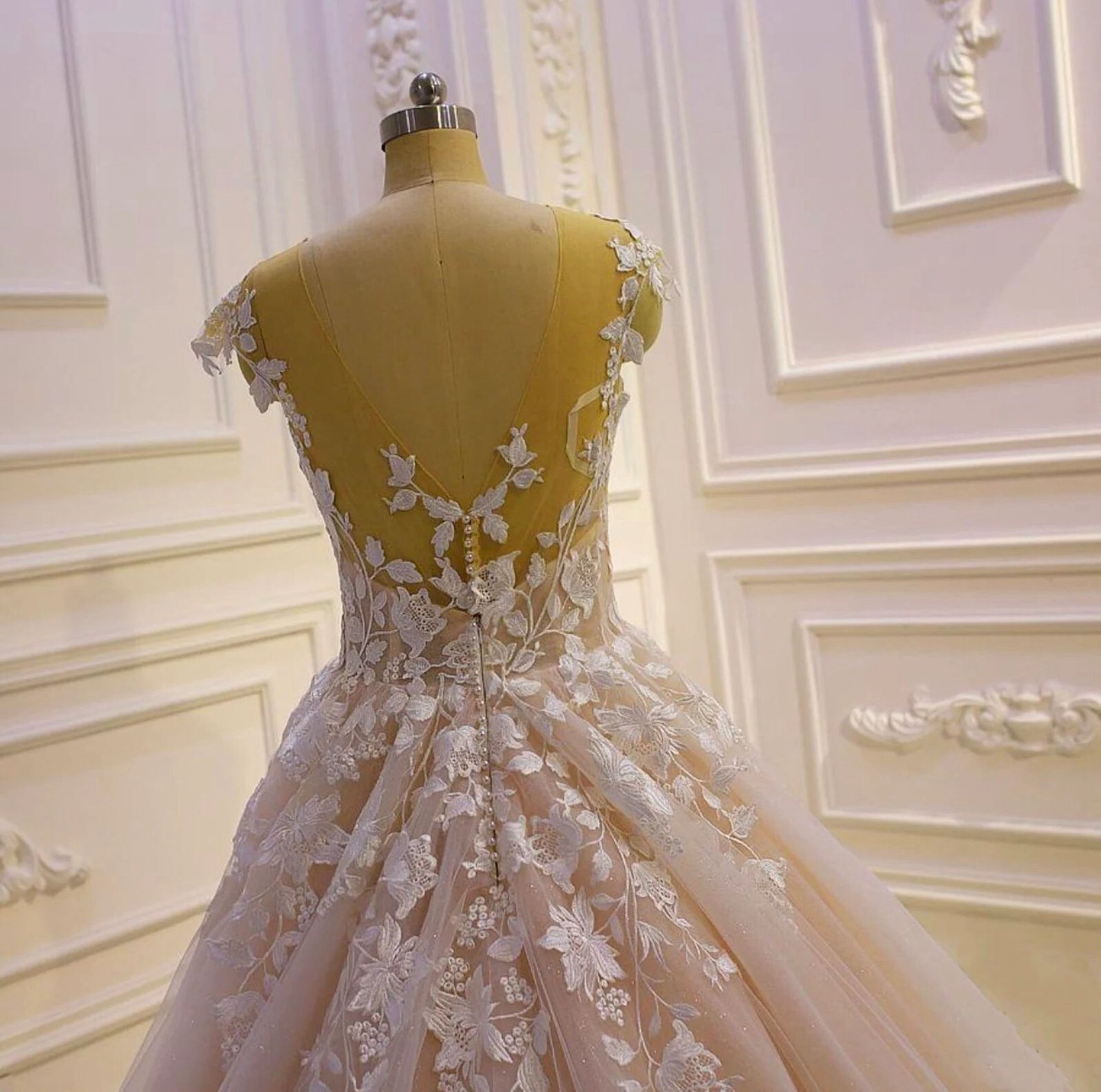 Blush Champagne Beaded Lace Wedding Dress Bridal Gown Custom made Glitter Tulle
