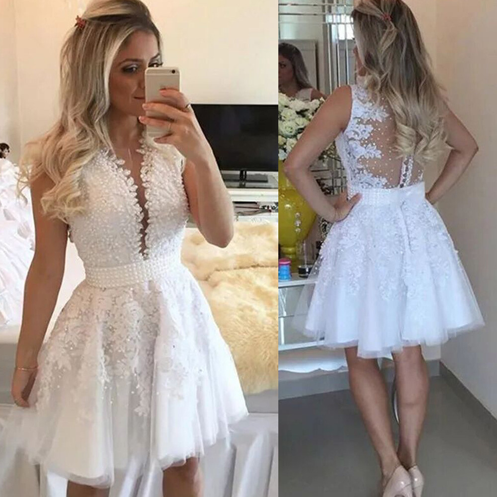 Mini Wedding Dresses Knee Length Beaded A Line Bridal Gowns White Lace Appliques