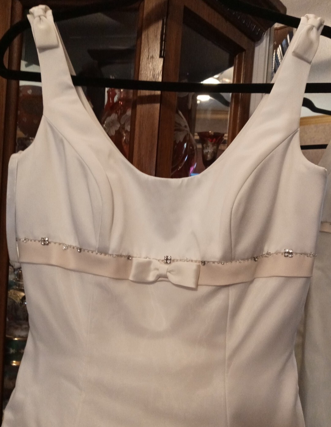 Elegant Wedding Dress,Beige & Ivory, Matte Satin W Tull W Train.Bow tie. Size 8.
