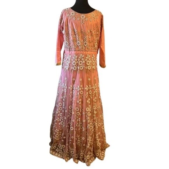 Custom Pink, White & Gold Heavily Beaded Bridal Women’s Dress, Large