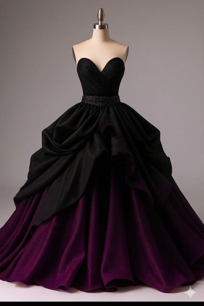 Gothic Satin Wedding Dresses Strapless Black Purple Ruffles A Line Bridal Gown
