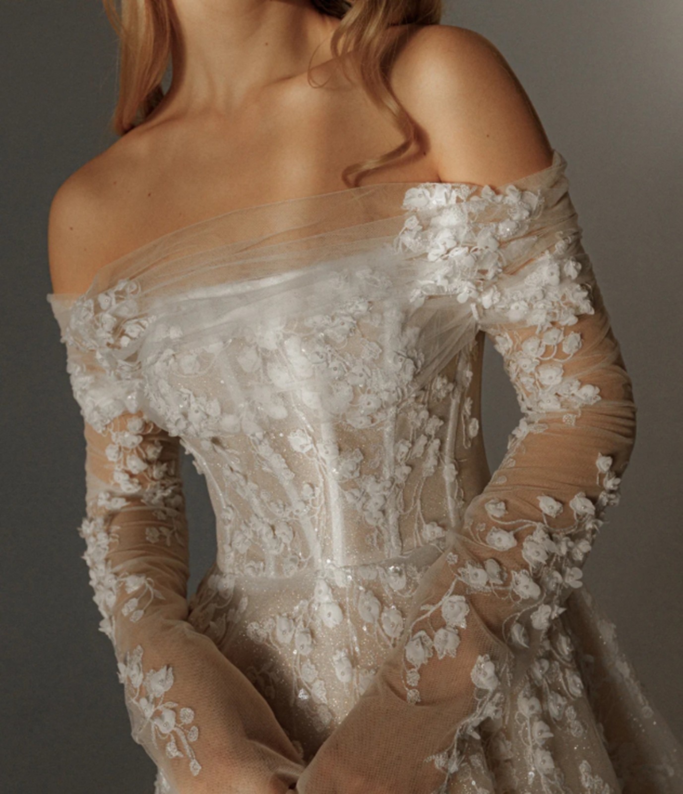 Glitter Lace Wedding Dress Floral 32-60 Off Shoulder Detachable Bolero Beads