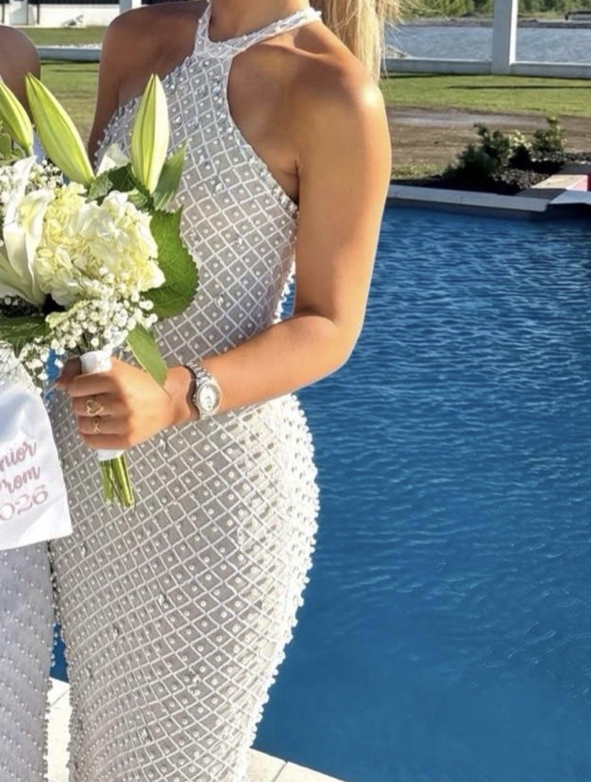 Halter Sleeveless Beaded Sequin Pearl White Full-Length Column/Sheath Dress