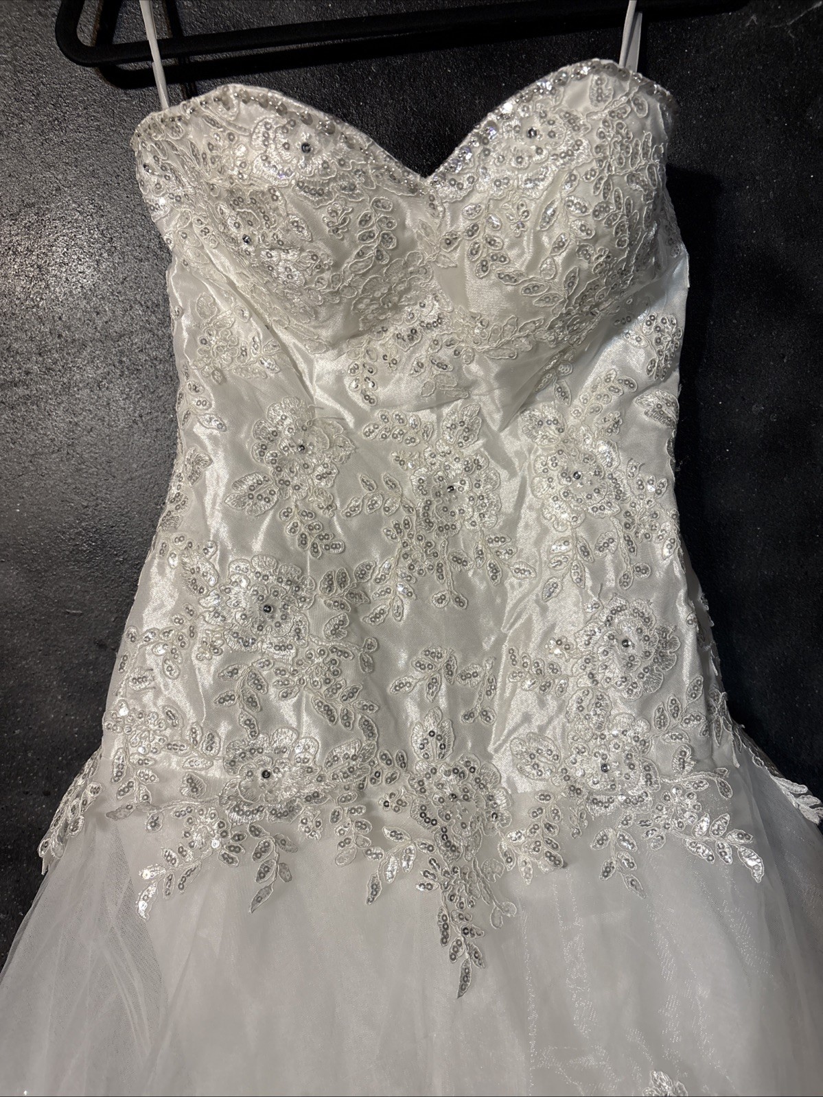 White Beaded Tulle Strapless Wedding Dress Gown Corset Tie Open Back Train Sz 4