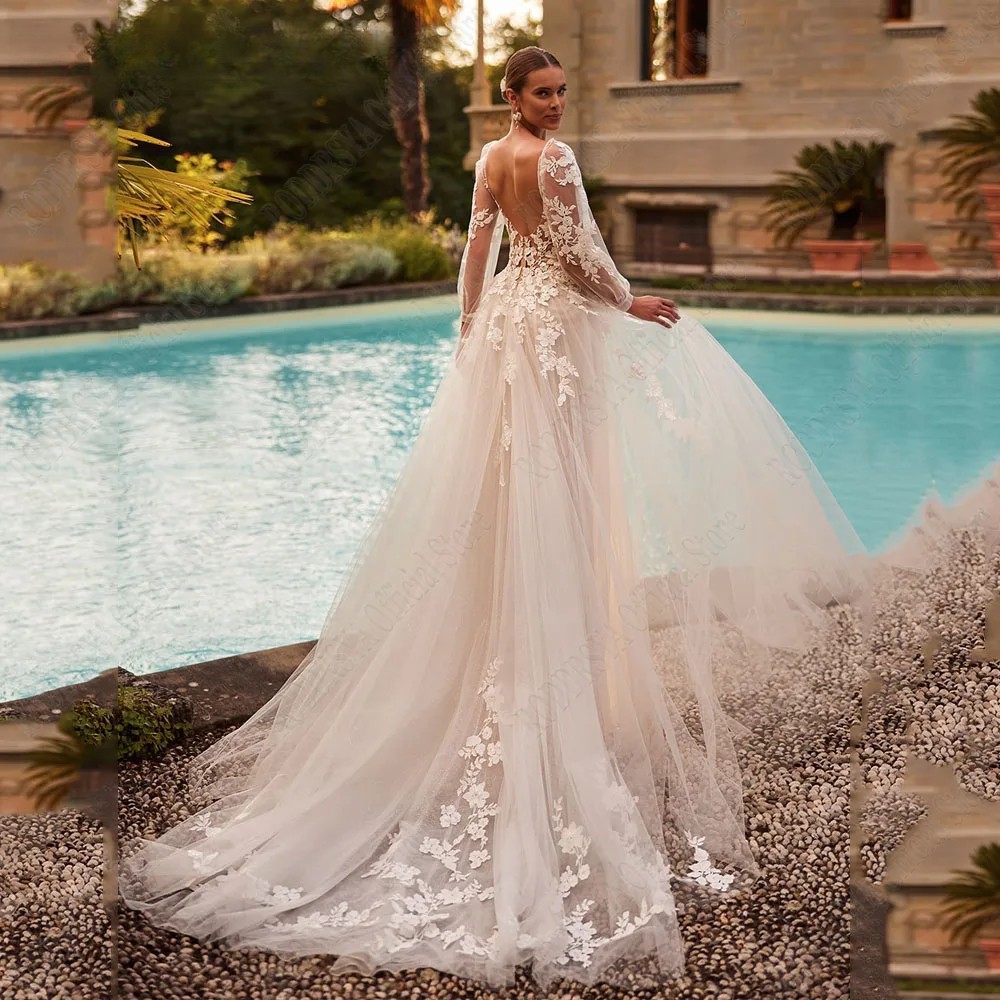 V Neck Tulle A Line Wedding Dress Long Sleeve Lace Applique Backless Bride