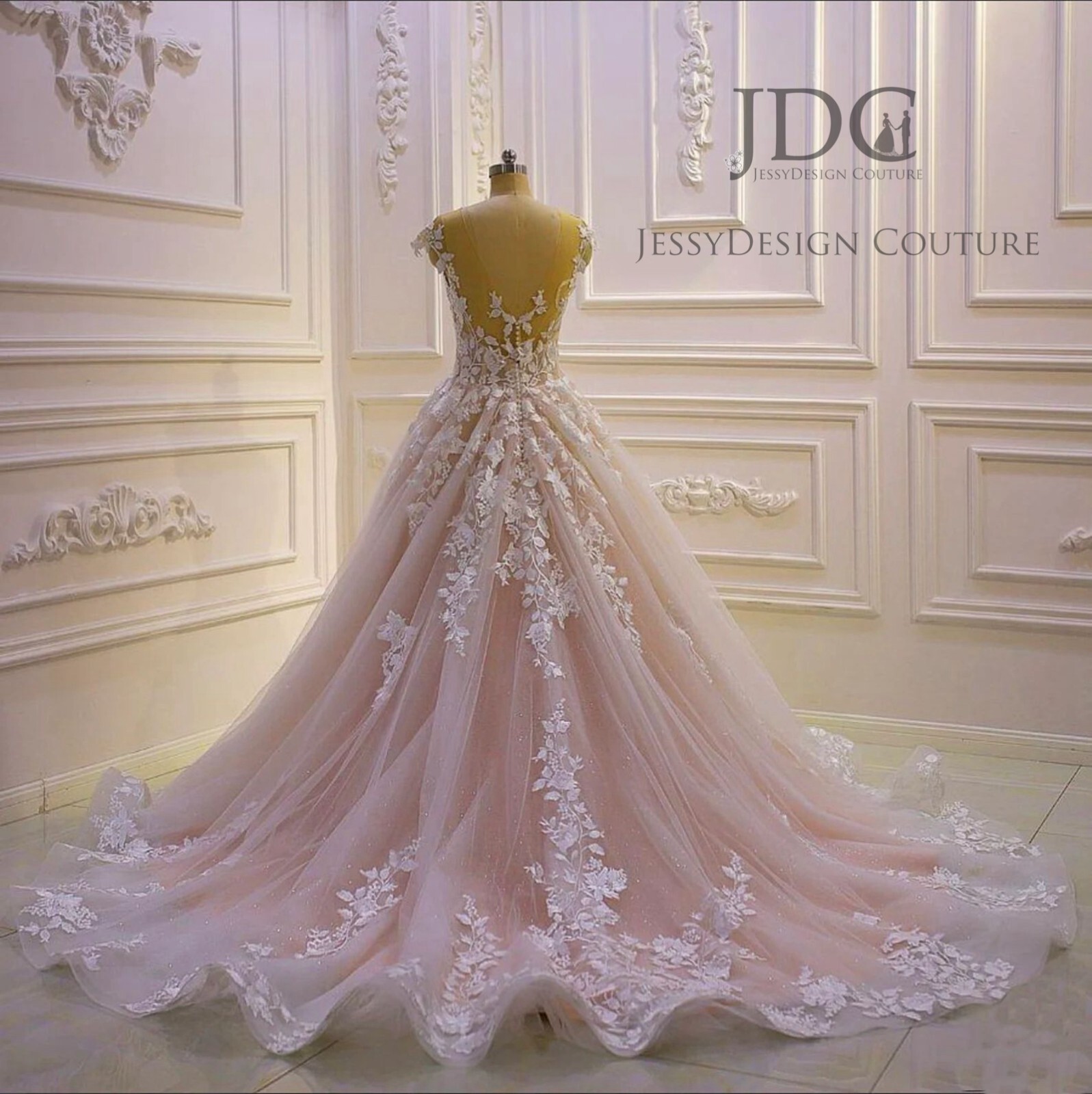 Blush Champagne Beaded Lace Wedding Dress Bridal Gown Custom made Glitter Tulle