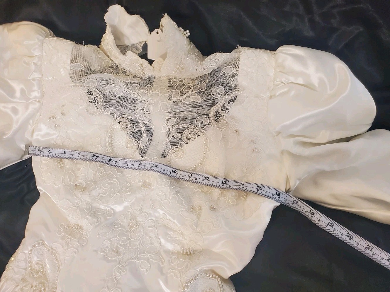 Vintage 80s Wedding Dress Sz Medium (12P?) Acetate Satin Long Sleeve High Neck
