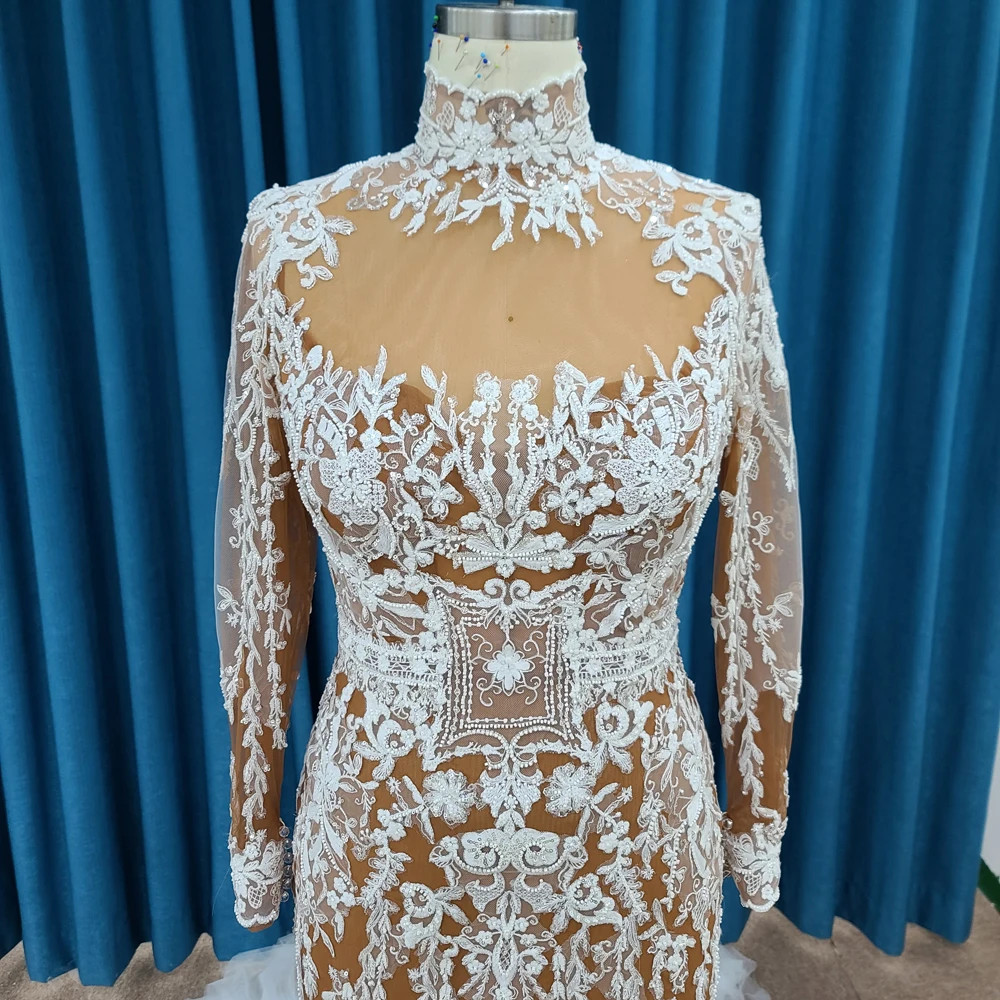 Modern Retro Long Sleeved High Neck Lace Fshtail Wedding Sequin Bead Embroidery