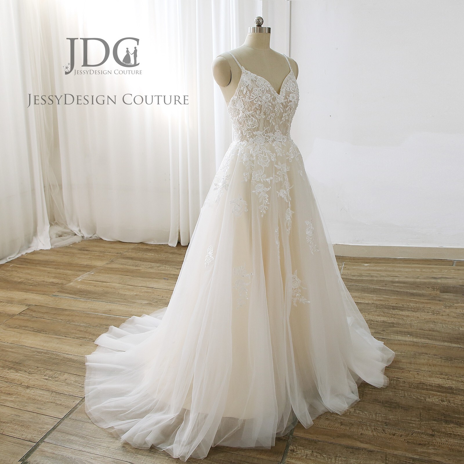 Dreamy Beaded Pearls Bridal Gown Lace Wedding Dress Custom made Ivory Nude